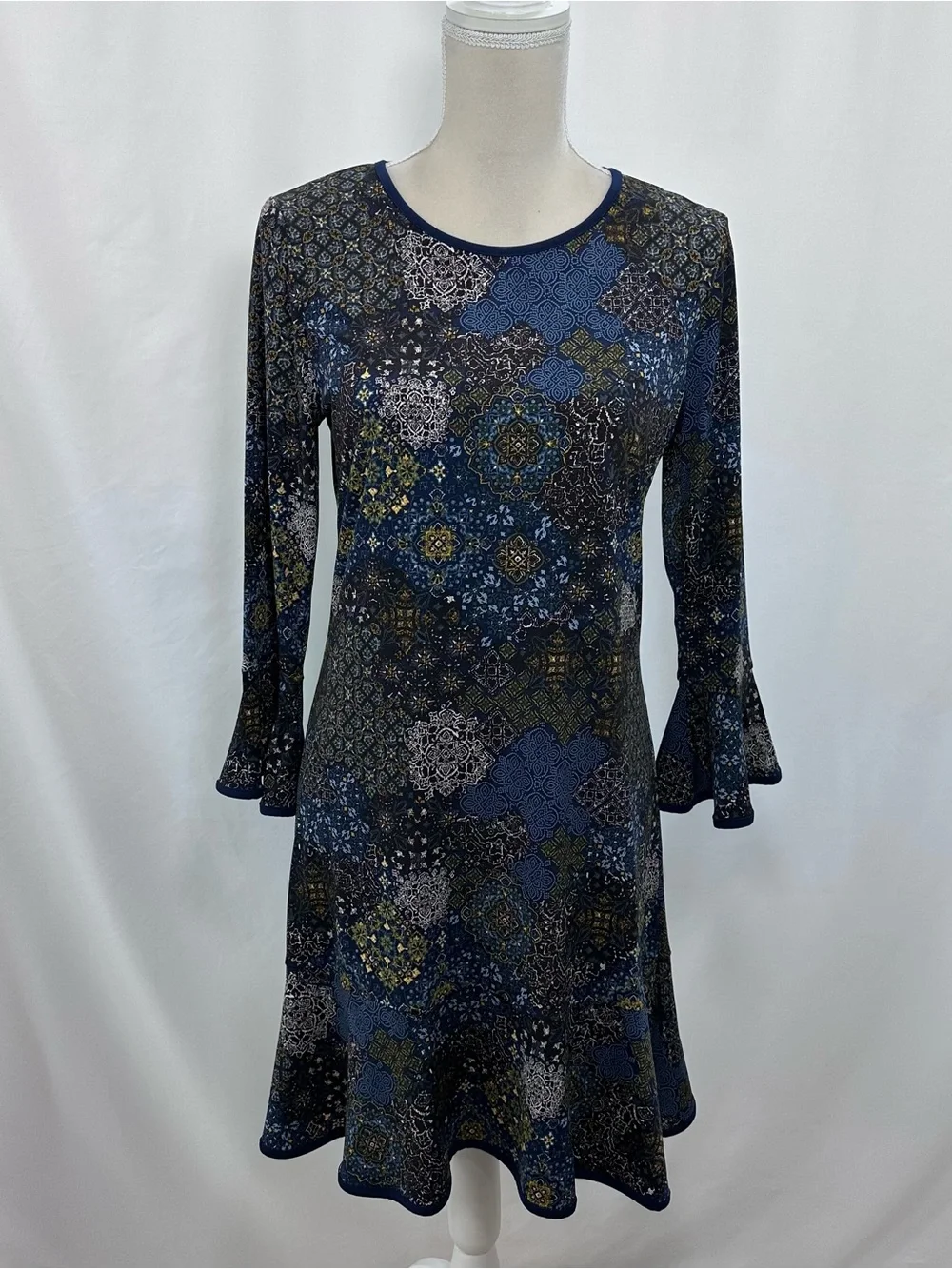 MICHAEL Michael Kors Navy and Olive Patterned Midi Dress - Picture 1 of 8